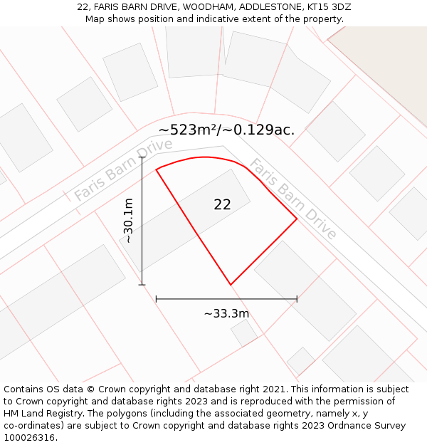 22, FARIS BARN DRIVE, WOODHAM, ADDLESTONE, KT15 3DZ: Plot and title map