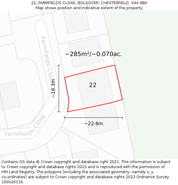 22, FARMFIELDS CLOSE, BOLSOVER, CHESTERFIELD, S44 6BX: Plot and title map