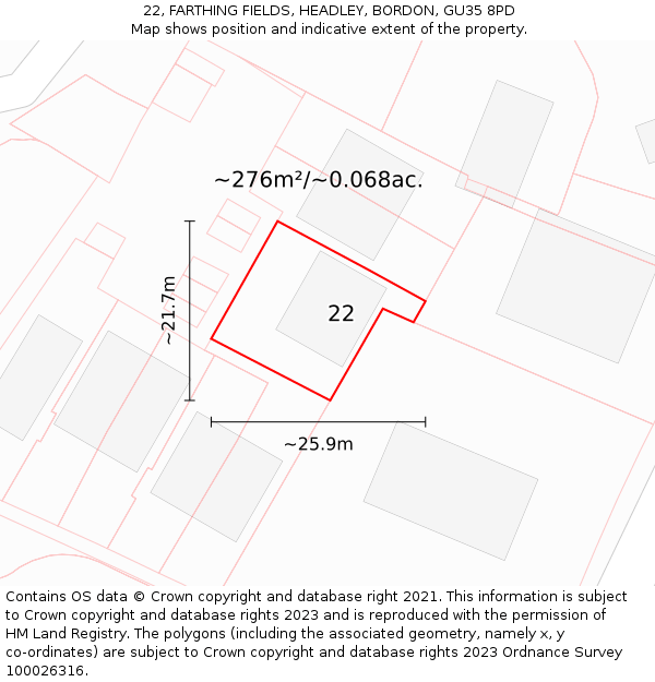 22, FARTHING FIELDS, HEADLEY, BORDON, GU35 8PD: Plot and title map