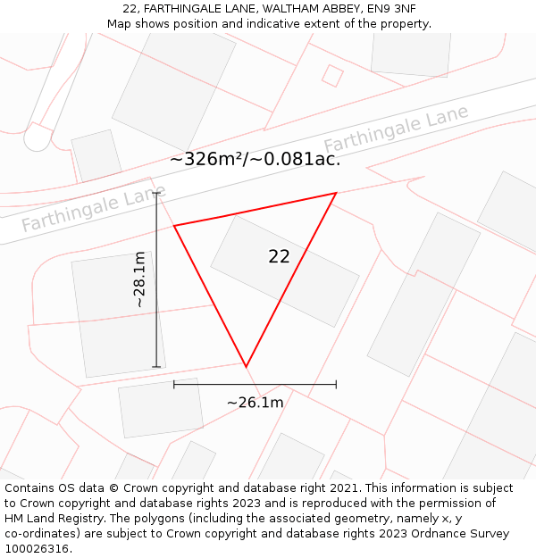 22, FARTHINGALE LANE, WALTHAM ABBEY, EN9 3NF: Plot and title map