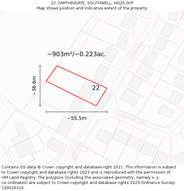 22, FARTHINGATE, SOUTHWELL, NG25 0HT: Plot and title map