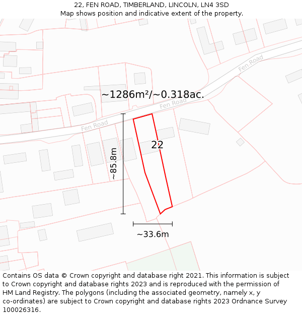 22, FEN ROAD, TIMBERLAND, LINCOLN, LN4 3SD: Plot and title map