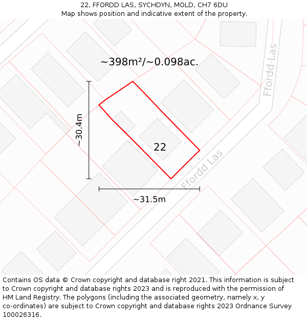 22, FFORDD LAS, SYCHDYN, MOLD, CH7 6DU: Plot and title map