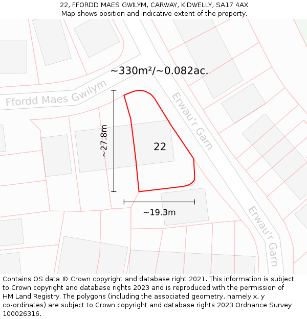 22, FFORDD MAES GWILYM, CARWAY, KIDWELLY, SA17 4AX: Plot and title map