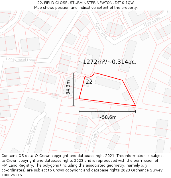 22, FIELD CLOSE, STURMINSTER NEWTON, DT10 1QW: Plot and title map