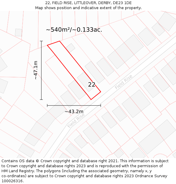 22, FIELD RISE, LITTLEOVER, DERBY, DE23 1DE: Plot and title map