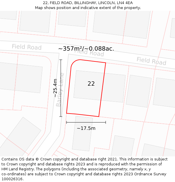22, FIELD ROAD, BILLINGHAY, LINCOLN, LN4 4EA: Plot and title map