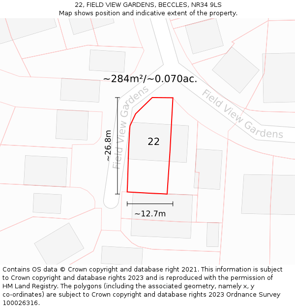 22, FIELD VIEW GARDENS, BECCLES, NR34 9LS: Plot and title map