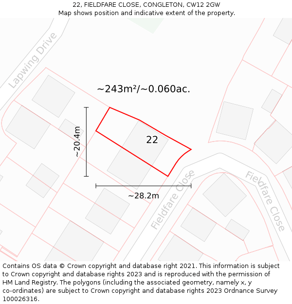 22, FIELDFARE CLOSE, CONGLETON, CW12 2GW: Plot and title map