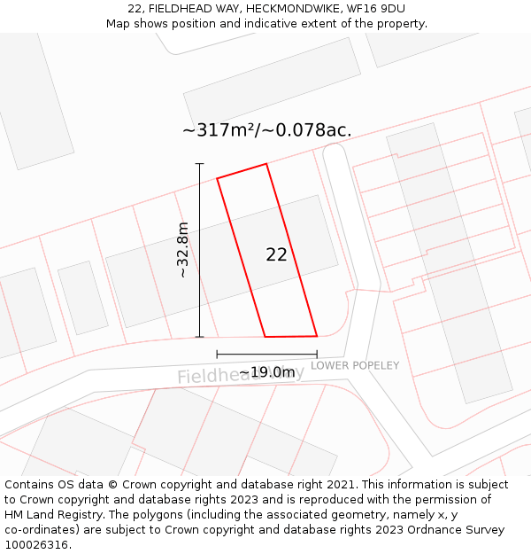 22, FIELDHEAD WAY, HECKMONDWIKE, WF16 9DU: Plot and title map