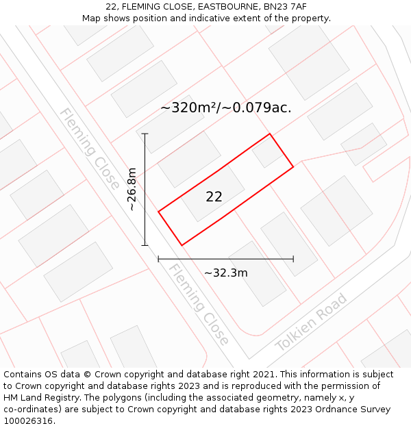 22, FLEMING CLOSE, EASTBOURNE, BN23 7AF: Plot and title map