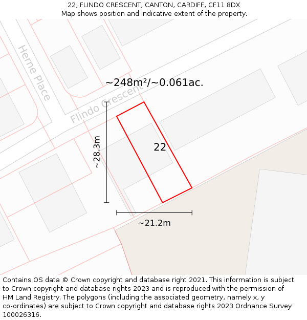 22, FLINDO CRESCENT, CANTON, CARDIFF, CF11 8DX: Plot and title map
