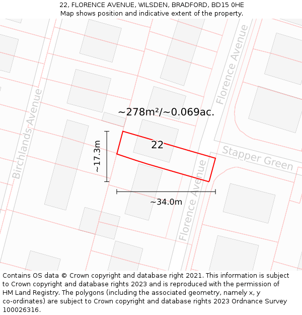 22, FLORENCE AVENUE, WILSDEN, BRADFORD, BD15 0HE: Plot and title map