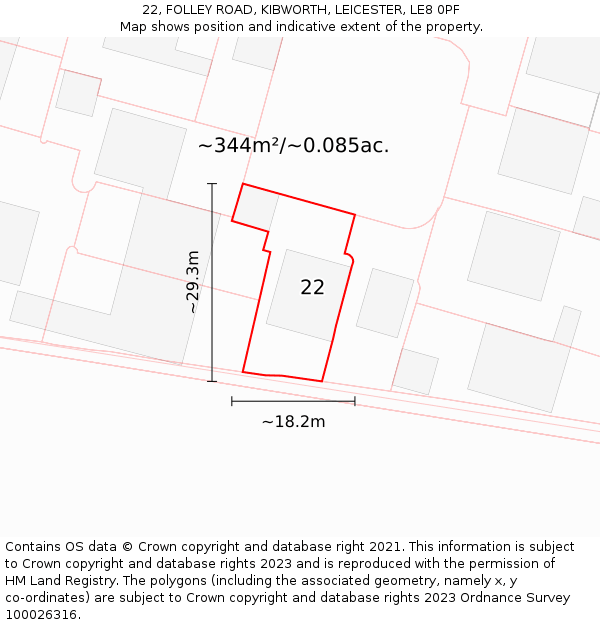 22, FOLLEY ROAD, KIBWORTH, LEICESTER, LE8 0PF: Plot and title map