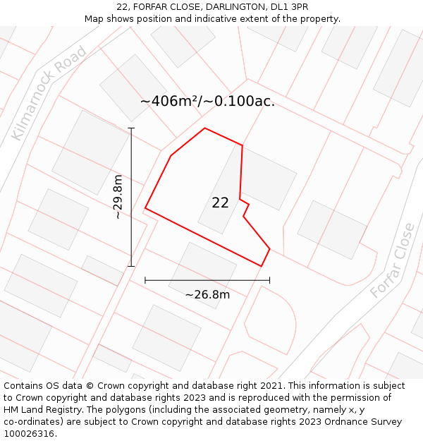 22, FORFAR CLOSE, DARLINGTON, DL1 3PR: Plot and title map