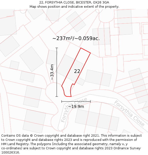 22, FORSYTHIA CLOSE, BICESTER, OX26 3GA: Plot and title map