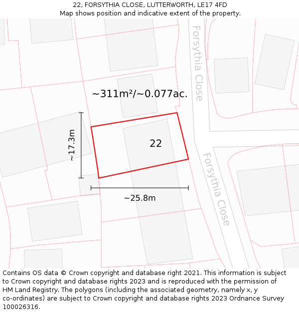 22, FORSYTHIA CLOSE, LUTTERWORTH, LE17 4FD: Plot and title map