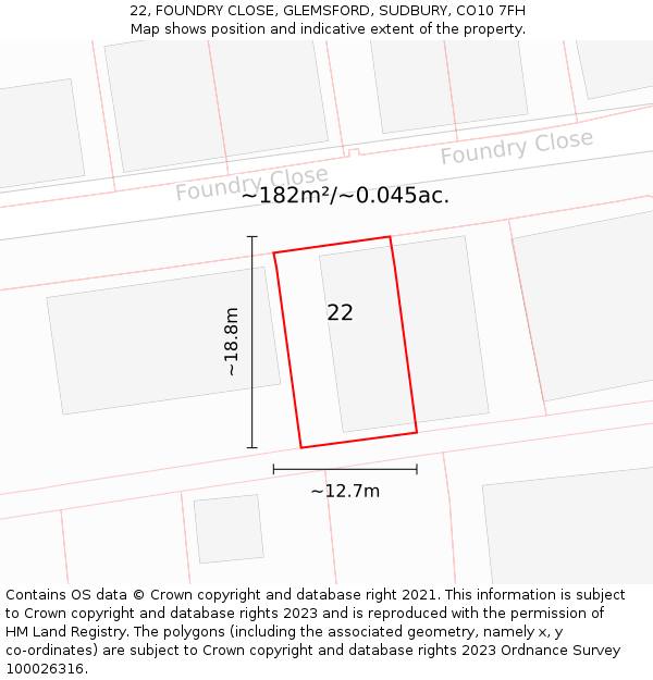 22, FOUNDRY CLOSE, GLEMSFORD, SUDBURY, CO10 7FH: Plot and title map