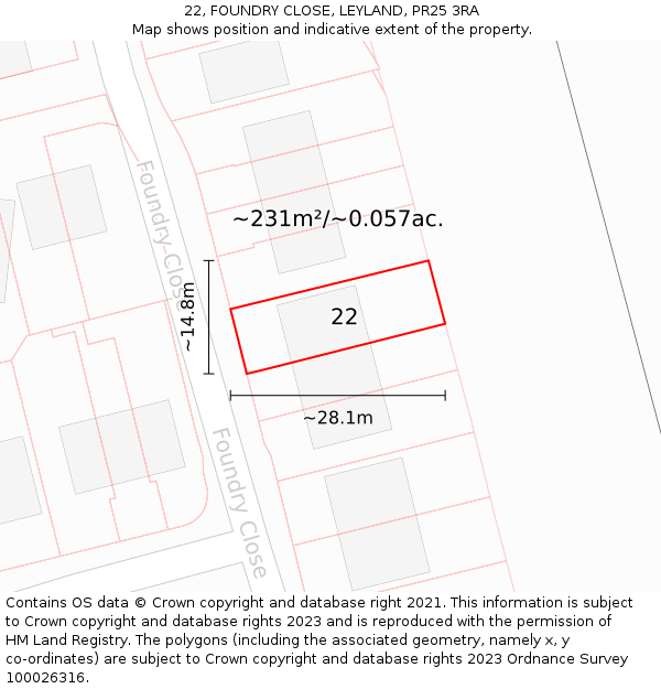 22, FOUNDRY CLOSE, LEYLAND, PR25 3RA: Plot and title map