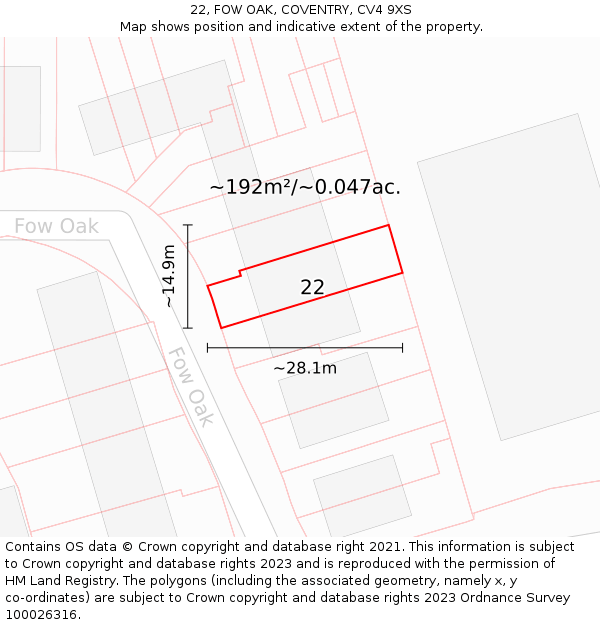 22, FOW OAK, COVENTRY, CV4 9XS: Plot and title map