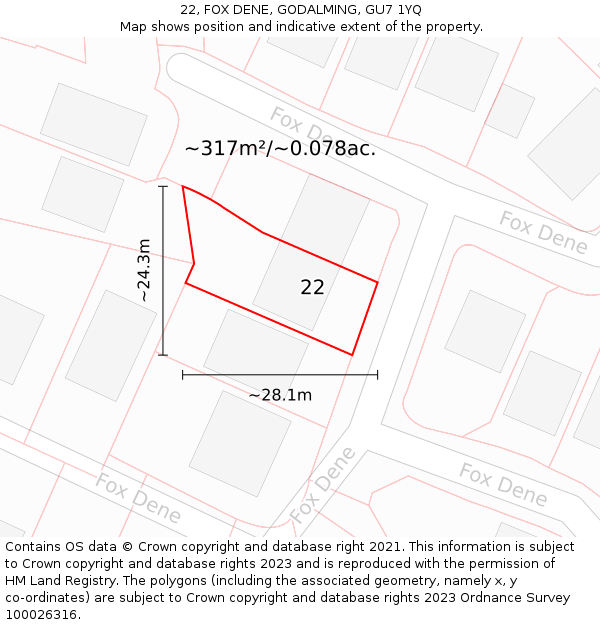 22, FOX DENE, GODALMING, GU7 1YQ: Plot and title map