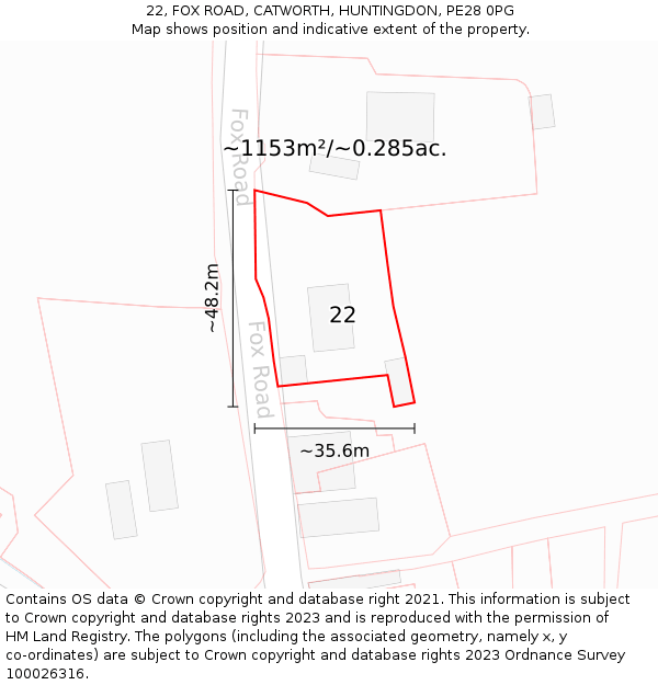 22, FOX ROAD, CATWORTH, HUNTINGDON, PE28 0PG: Plot and title map