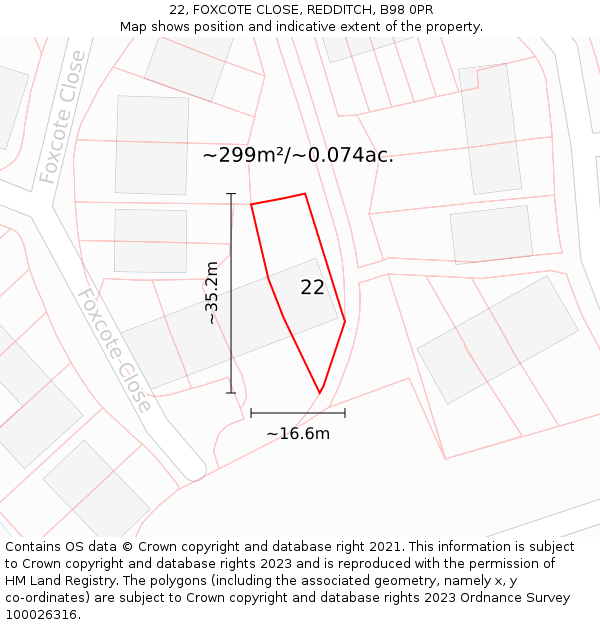 22, FOXCOTE CLOSE, REDDITCH, B98 0PR: Plot and title map