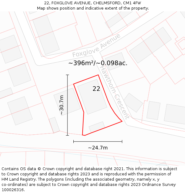 22, FOXGLOVE AVENUE, CHELMSFORD, CM1 4FW: Plot and title map