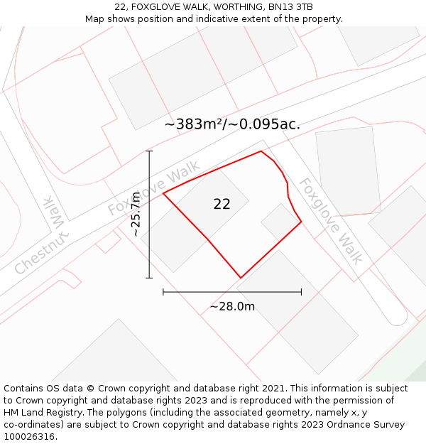 22, FOXGLOVE WALK, WORTHING, BN13 3TB: Plot and title map