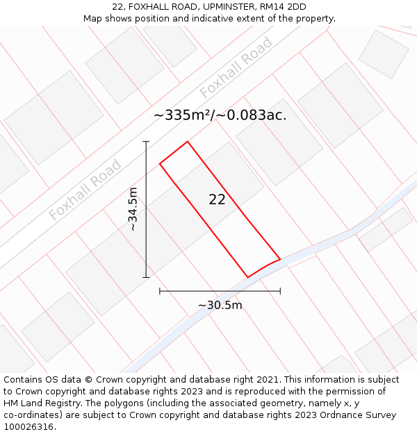 22, FOXHALL ROAD, UPMINSTER, RM14 2DD: Plot and title map