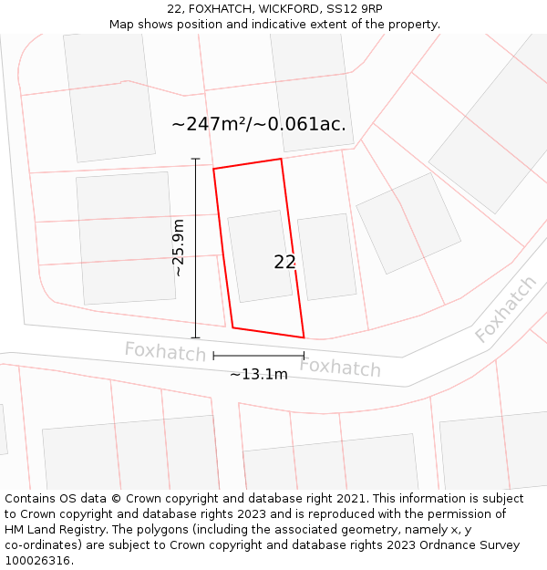 22, FOXHATCH, WICKFORD, SS12 9RP: Plot and title map
