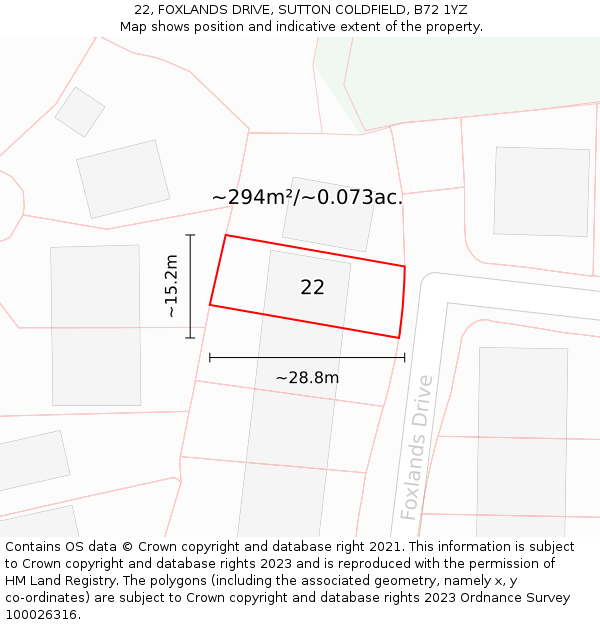 22, FOXLANDS DRIVE, SUTTON COLDFIELD, B72 1YZ: Plot and title map
