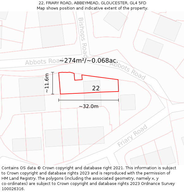 22, FRIARY ROAD, ABBEYMEAD, GLOUCESTER, GL4 5FD: Plot and title map