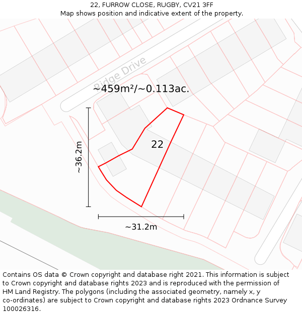 22, FURROW CLOSE, RUGBY, CV21 3FF: Plot and title map