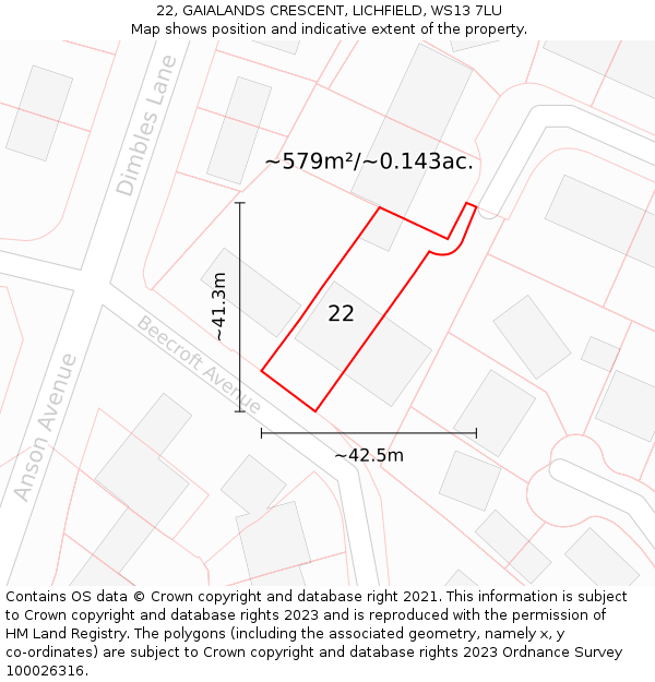 22, GAIALANDS CRESCENT, LICHFIELD, WS13 7LU: Plot and title map