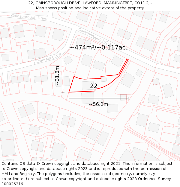22, GAINSBOROUGH DRIVE, LAWFORD, MANNINGTREE, CO11 2JU: Plot and title map