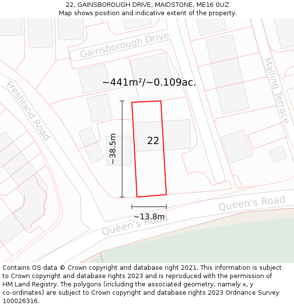 22, GAINSBOROUGH DRIVE, MAIDSTONE, ME16 0UZ: Plot and title map