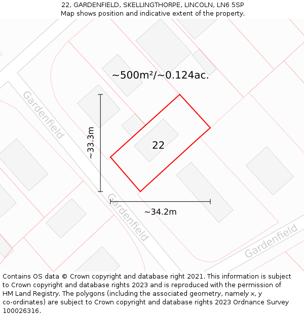 22, GARDENFIELD, SKELLINGTHORPE, LINCOLN, LN6 5SP: Plot and title map