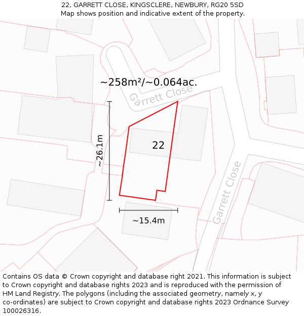 22, GARRETT CLOSE, KINGSCLERE, NEWBURY, RG20 5SD: Plot and title map