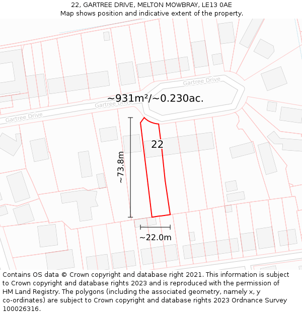 22, GARTREE DRIVE, MELTON MOWBRAY, LE13 0AE: Plot and title map