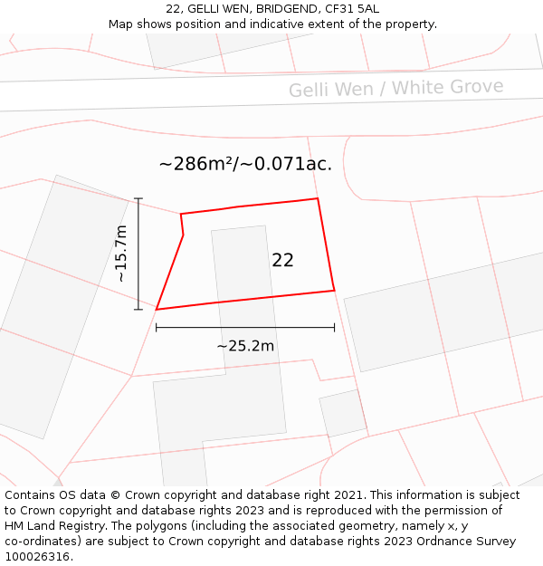 22, GELLI WEN, BRIDGEND, CF31 5AL: Plot and title map