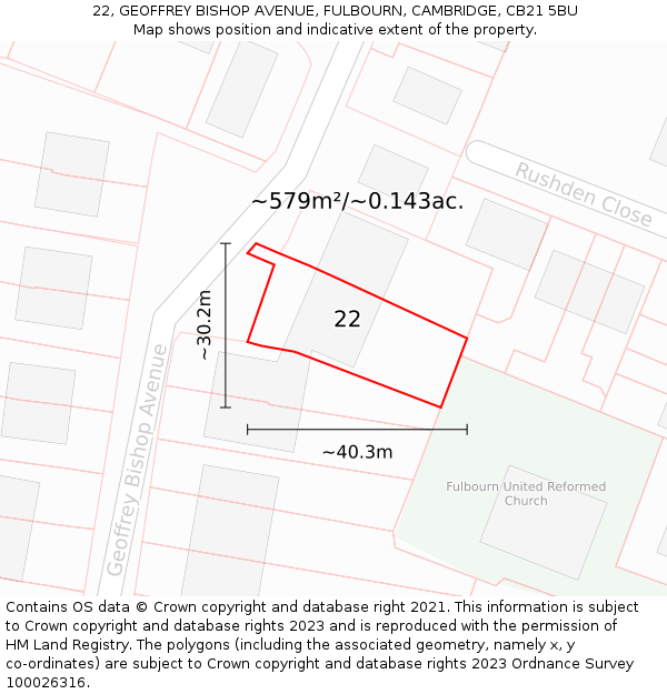 22, GEOFFREY BISHOP AVENUE, FULBOURN, CAMBRIDGE, CB21 5BU: Plot and title map