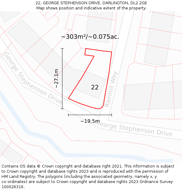 22, GEORGE STEPHENSON DRIVE, DARLINGTON, DL2 2GE: Plot and title map