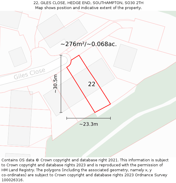 22, GILES CLOSE, HEDGE END, SOUTHAMPTON, SO30 2TH: Plot and title map