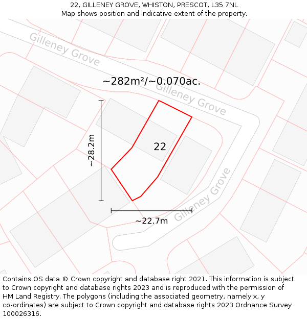 22, GILLENEY GROVE, WHISTON, PRESCOT, L35 7NL: Plot and title map
