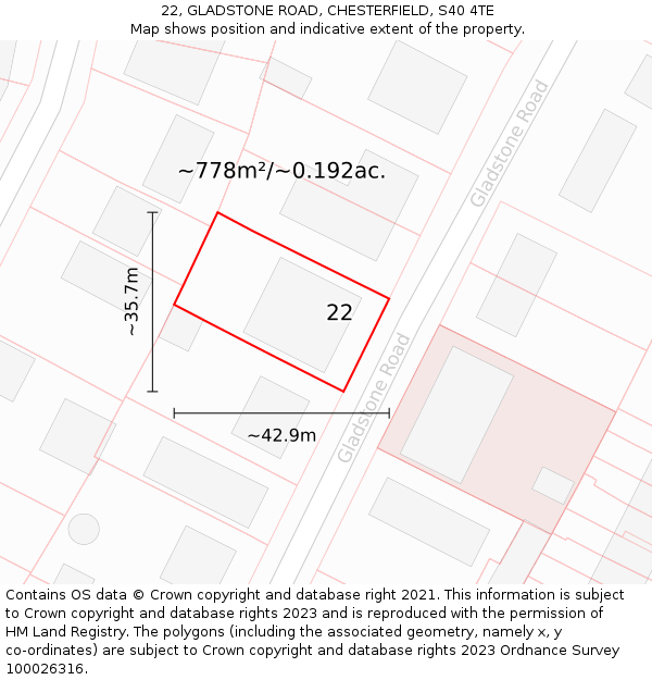 22, GLADSTONE ROAD, CHESTERFIELD, S40 4TE: Plot and title map
