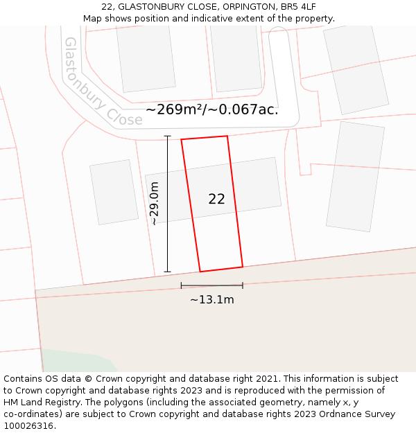 22, GLASTONBURY CLOSE, ORPINGTON, BR5 4LF: Plot and title map
