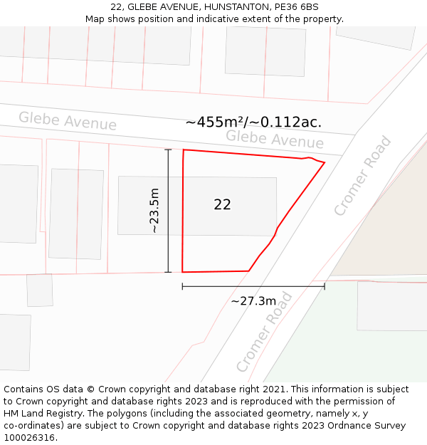 22, GLEBE AVENUE, HUNSTANTON, PE36 6BS: Plot and title map