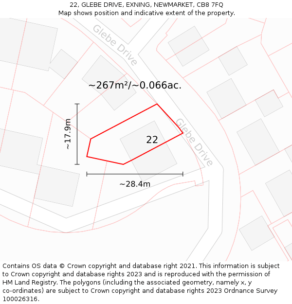 22, GLEBE DRIVE, EXNING, NEWMARKET, CB8 7FQ: Plot and title map