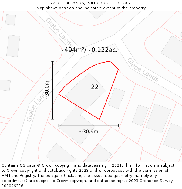 22, GLEBELANDS, PULBOROUGH, RH20 2JJ: Plot and title map